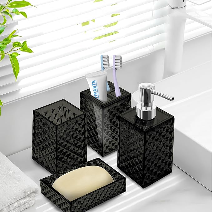 Bathroom Accessory Set, 4 PCS Black Bathroom Accessories Set, Soap Dispenser and Toothbrush Holder Set, Soap Dish and Mouthwash Cup, Boho Bathroom Decor, Plastic Bathroom Sets Accessories