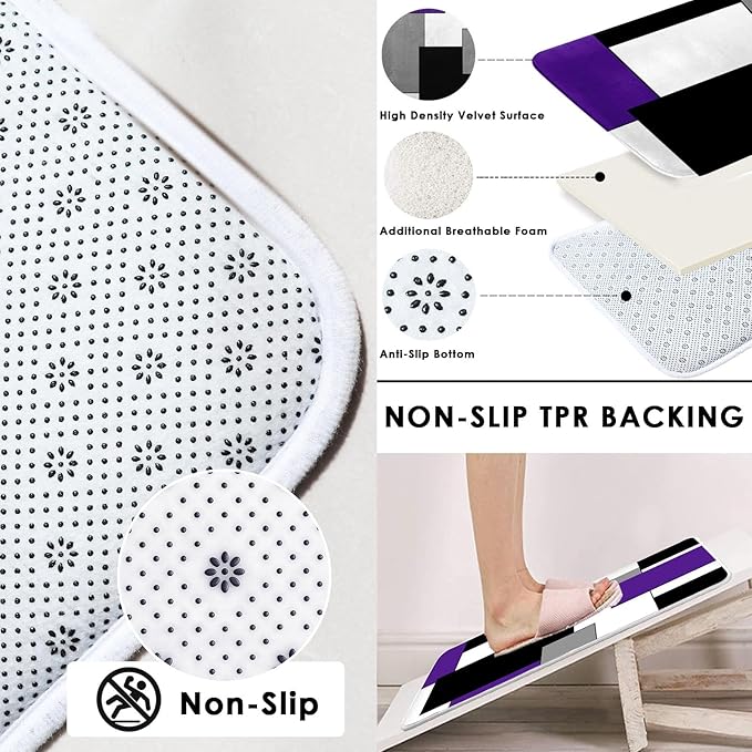 Purple Geometric Shower Curtain Set with Toilet Lid Cover and Non-Slip Rugs for Bathroom, Grey Black White Checkered 4 Pcs Shower Curtain, Abstract Modern Bathroom Set with 12 Hooks