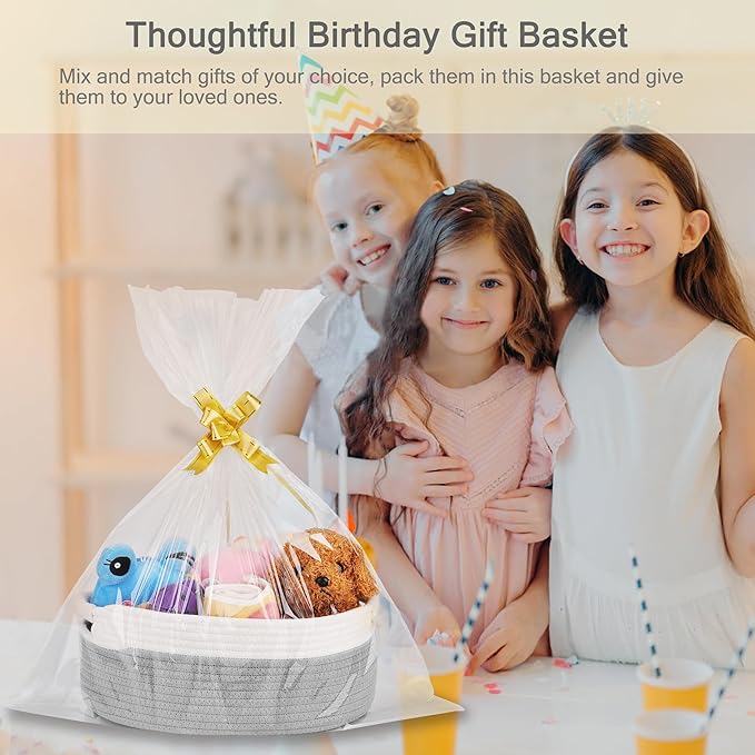 Small Woven Basket with Gift Bags and Ribbons, Empty Baby Gift Baskets for Kids Women Men, Shelf Storage, Small Cat Dog Pet Toy Boxes, 13”x 9”x 5.5”, Cool Gray