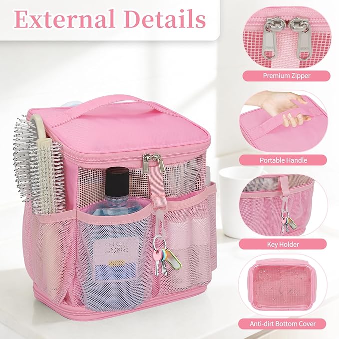 CUBETASTIC Shower Caddy Portable Mesh Shower Tote for Bathroom, Gym, Travel, Camping - Quick Dry Hanging Organizer Toiletry Bag with Handle for College Dorm Room, Men & Women