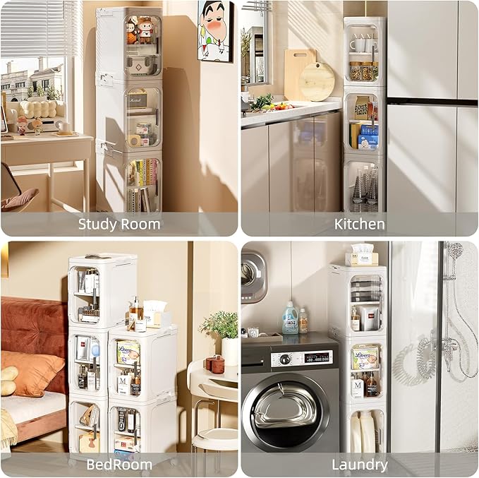 JOYZAN Narrow Bathroom Storage Cabinet with Movable Wheels, Slim Storage Cabinet with 3 Doors & Removable Panel, Skinny Bathroom Organizers and Storage for Small Space, Corner, Kitchen, Laundry