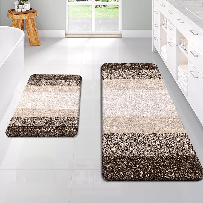 OLANLY Bathroom Rug Set 2 Piece, Soft Absorbent Microfiber Bath Rug Set, Non-Slip, Machine Wash Dry, Plush Shaggy Bath Mats for Bathroom (47"x20"+24"x16", Light Brown)