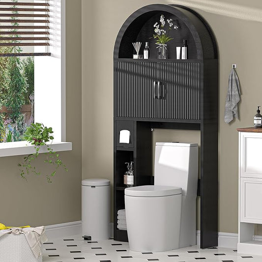 AHB Over The Toilet Storage Cabinet, Freestanding Bathroom Organizer with Adjustable Shelf and Anti-Tip Device, Arched Cabinet with Doors, Space-Saving Toilet Storage for Bathroom, Laundry, Mini Bar