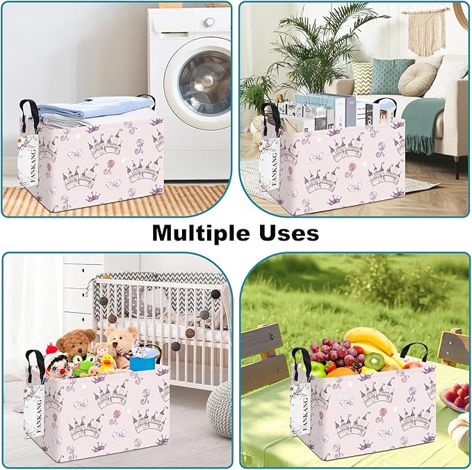 Storage Bins, Nursery Hamper Canvas Laundry Basket Foldable with Waterproof PE Coating Large Storage Baskets for Kids Boys and Girls, Office, Bedroom, Clothes,Toys(Rec-Princess Castle