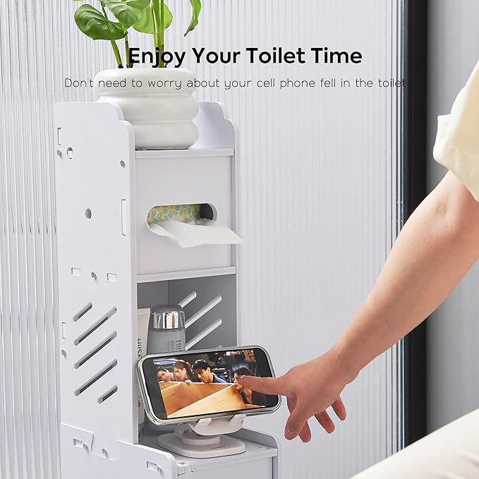 Doxo White Toilet Paper Holder Stand, Large Capacity Slim Bathroom Storage Cabinet and Organizers for Small Space, Beside Toilet Storage Cabinet (White)