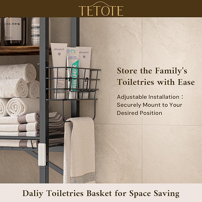 TETOTE Over Toilet Bathroom Organizer, 4-Tier Bathroom Over the Toilet Storage with Adjustable Shelf and Basket, Freestanding Space Saver Bathroom Shelves Above Toilet for Room(Brown)