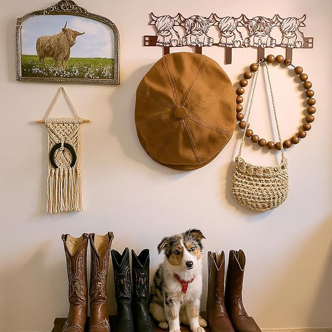 AceOrbit Highland Cow Over the Door Hooks Hanger Wall Mount Towel Hanger Door Holder Organizer 5 Hooks Kawaii Farmhouse Rustic Coquettish Style Decor for Bedroom Bathroom Towel Hat Clothes
