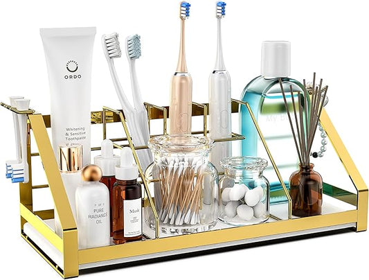 Toothbrush Holders Bathroom Counter Organizer and Storage with Removable Electric Toothbrush Head Holder and Divider, Bathroom Organizer with Diatomite Drying Stone Mat for Vanity, Kitchen, Dresser