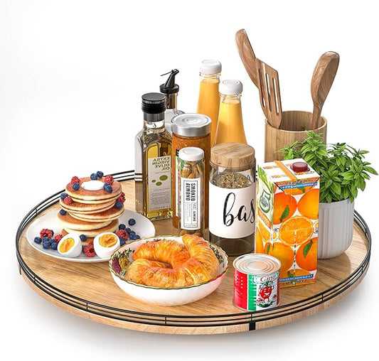 21" Lazy Susan Oak Wood Turntable Organizer for Cabinet, Farmhouse Round Wooden Large Lazy Susan Organization and Storage for Dining Table, Pantry, Kitchen, Countertop, Cupboard, Home Decor