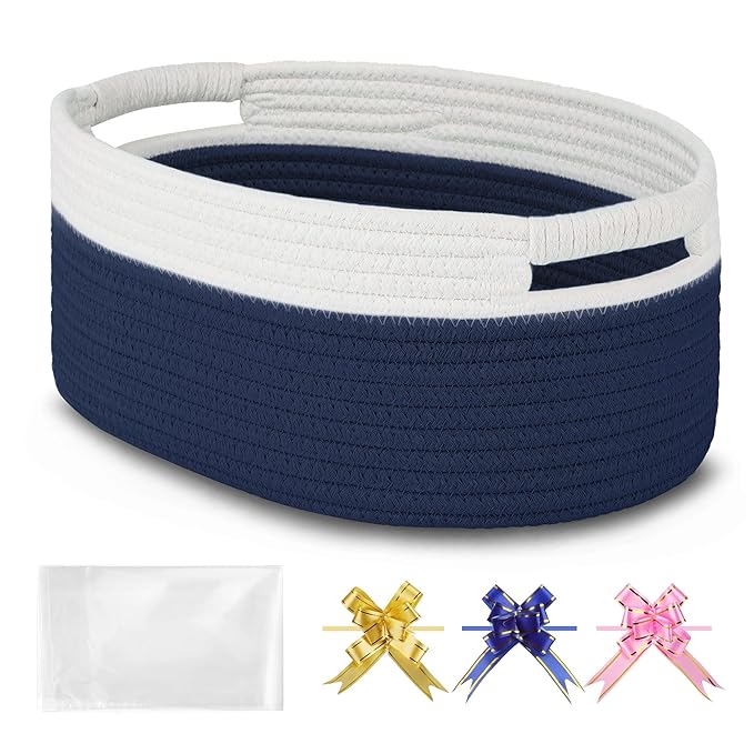 Small Woven Basket with Gift Bags and Ribbons, Empty Baby Gift Baskets for Kids Women Men, Shelf Storage, Small Cat Dog Pet Toy Boxes, 13”x 9”x 5.5”, Navy Blue
