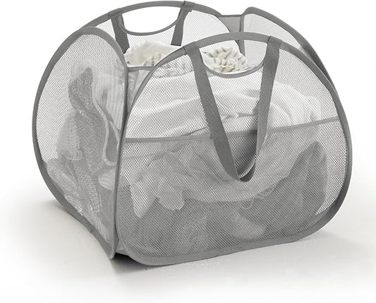 TECHMILLY Collapsible Mesh Pop Up Laundry Hamper with Strong Handles, Large Opening Clothes Hamper with Side Pockets, Storage Baskets for Dorm, Laundry Room, Bathroom or Travel (Grey, 90L)