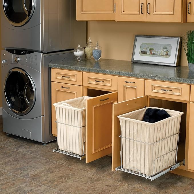 Rev-A-Shelf 20 In Pullout Clothes Laundry Hamper, Steel Mounted, Chrome, HRV-1520 S CR - Hidden Pull Storage Basket Organizer for Deep Cabinet Floor and Bathroom