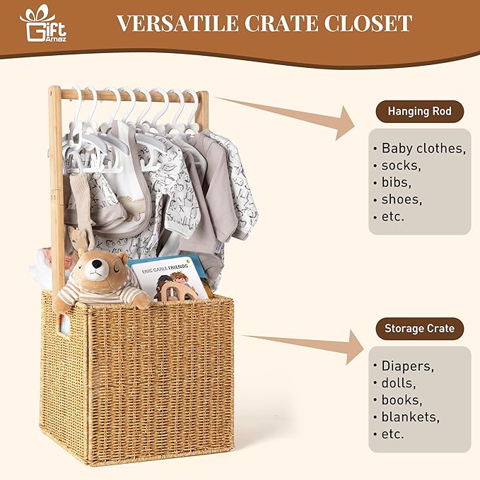 GiftAmaz Baby Shower Crate Closet, Large Hand-Woven Rattan Storage Crates with Handle, Baby Shower Gifts, Baby Welcome Box Nursery Basket for Newborn Boys Girls, Pregnancy Gifts for New Parents