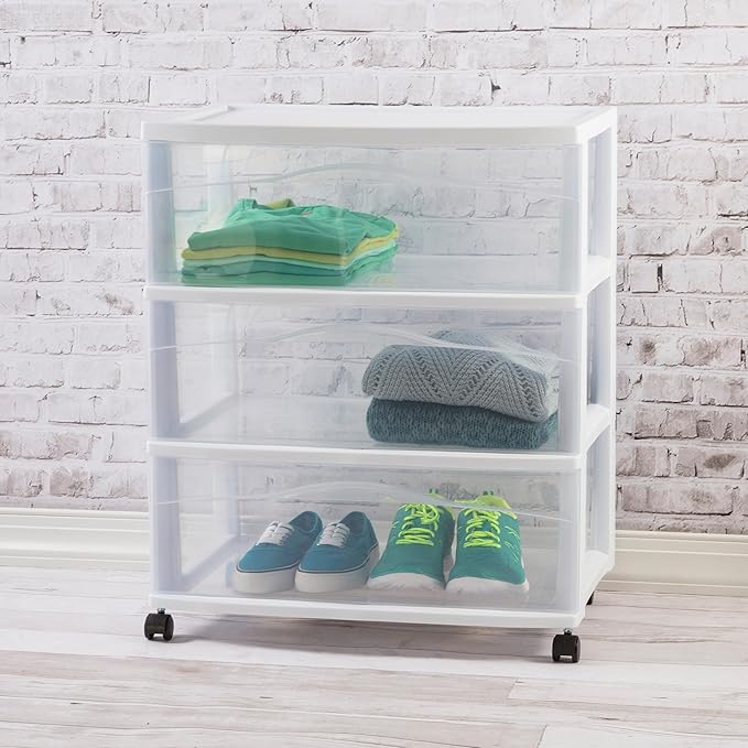Sterilite 2 Pack Wide 3 Drawer Storage Cart, Plastic Organizer with Wheels, White - Multipurpose Bin for Clothes, Accessories, or Home Accessories