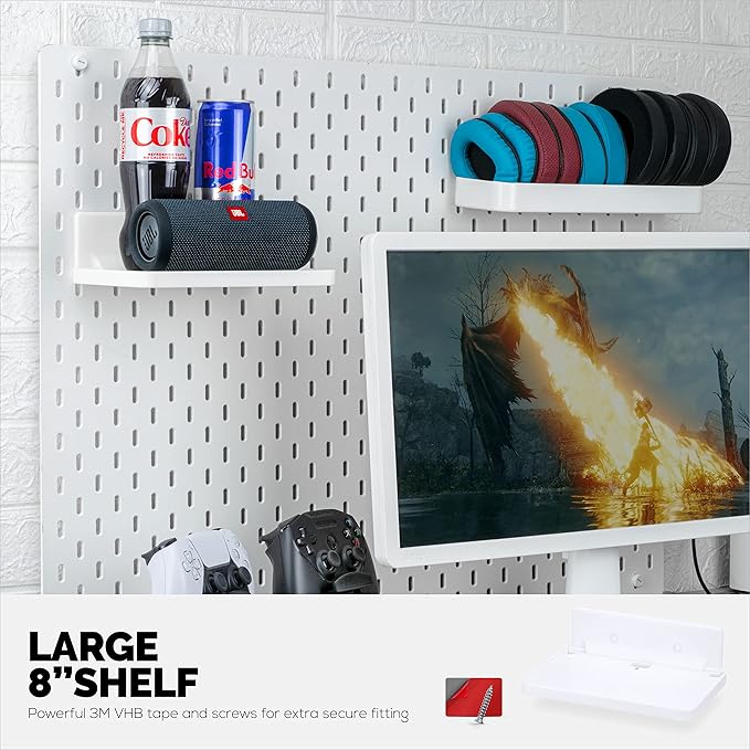 8” Shelf Wall Mount for Speakers, Security Cameras, Baby Monitors, Plants Toys & More, Floating Shelves, Adhesive & Screw-In (White) by Brainwavz