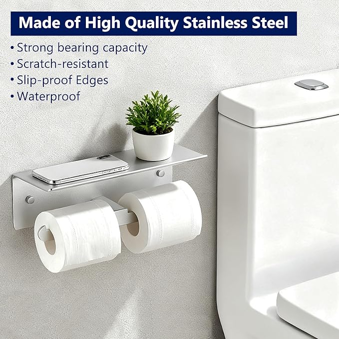 Toilet Paper Holder with Shelf, Adhesive Double Tissue Roll Holder Wall Mounted for Bathroom, Silver