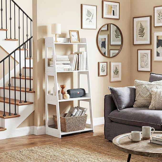 4-Tier Ladder Shelf, White Bathroom Shelves Freestanding Open Shelving Unit Bookshelf, Side End Table for Living Room Kitchen Bathroom(11.8”D x 15.7”W x 38.6”H)