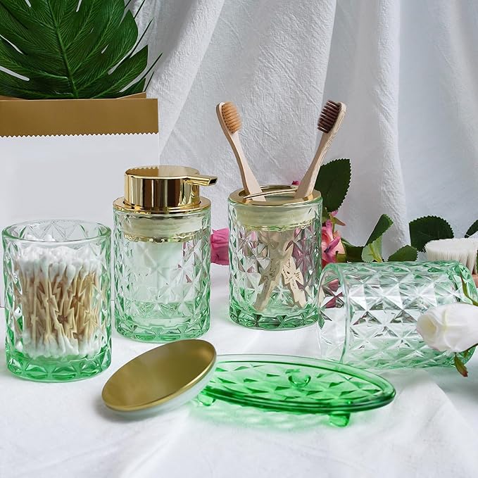 Green Bathroom Accessories Set with Shower Curtain and Liner, 7-Piece Bathroom Decor Set, Soap Dispenser, Toothbrush Holder, Soap Dish, Vanity Tray, Complete Bathroom Makeover Set