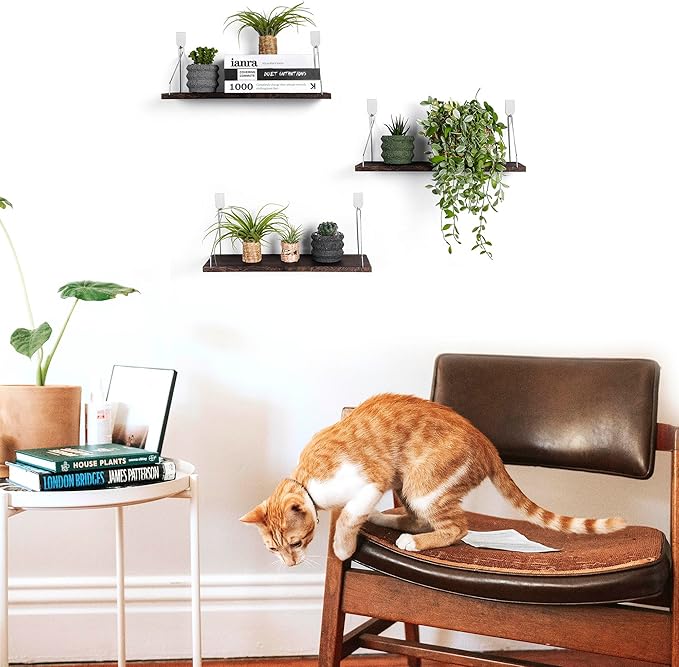 Floating Shelves Set of 3 Rustic Solid Wood Floating Shelf Wall Storage Shelves for Living Room, Bedroom, Bathroom, Kitchen Laundry, Office.no Drill Shelf(Retro Color L+L+L)