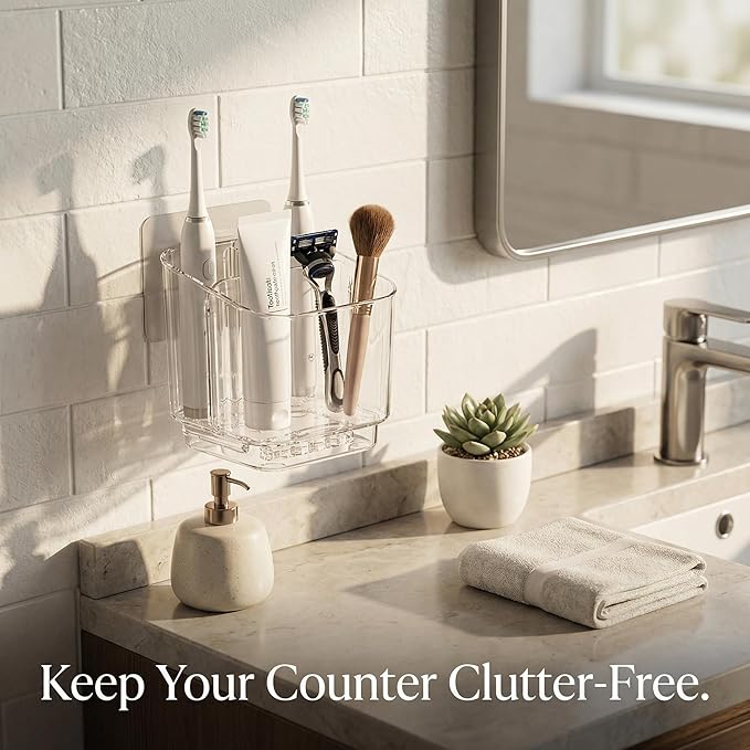 Bathroom with compartmentalized Storage Rack, Non Perforated Toothbrush Toothpaste Storage Box, wall Mounted toiletries Storage Rack
