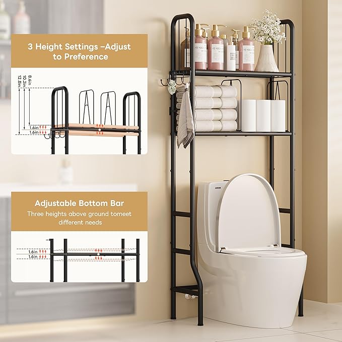 Jautokerdar Over-the-Toilet Storage Rack – Metal Towel Storage with Removable Dividers, Adjustable Shelf & Hooks, Black Over the Toilet Storage Organizer, Over Toilet Shelves for Towels & Toiletries