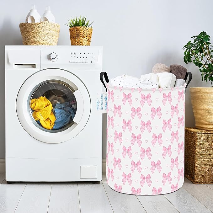 Laundry Basket Canvas Fabric Collapsible Organizer Basket for Storage Bin Toy Bins Gift Baskets Bedroom Clothes Children Nursery Hamper (Pink Bowknot)
