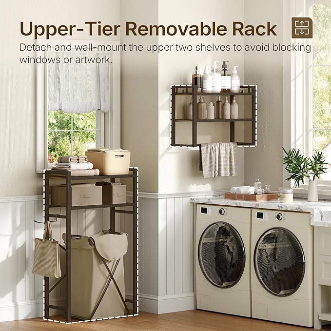 YATINEY Over The Toilet Storage Rack, 4-Tier Freestanding Bathroom Organizer Above Toilet, Toilet Shelf with Detachable Upper Shelves, X-Shaped Back Support, Rustic Brown and Black TR05BR