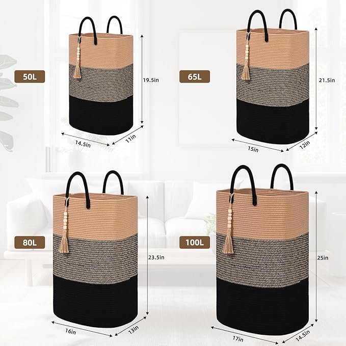 Woven Laundry Basket for Clothes, 65L Large Rectangle Laundry Hampers with Beads Tassel, Nursery Storage Basket for Toys, Tall Dirty Clothes Hamper for Bedroom Aesthetic, Laundry Room Organization