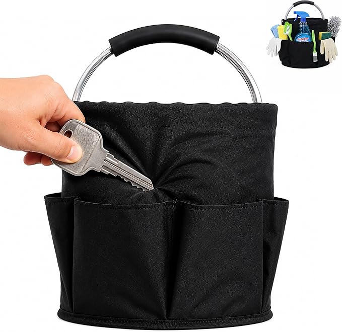 Cleaning Caddy Organizer with Handle, 17L Large Capacity Foldable Storage Bucket, Heavy-Duty 600D Oxford Fabric with 6 Pockets for Car Cleaning, Gardening Tools, Camping (Black)