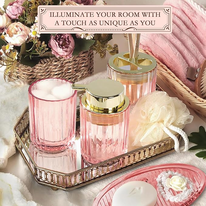 CERBIOR Bathroom Accessories Set, 4 Pcs Glass Accessories Sets Includes Soap Dispenser, Toothbrush Holder, Toothbrush Cup, Soap Dish for Decorative Countertop and Housewarming Gift,Golden Pink