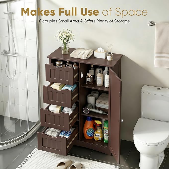 SUPER DEAL Bathroom Storage Cabinet with 4 Drawers and 1 Cupboard, Entryway Home Decor Furniture Towels Storage Organizer Unit, Brown