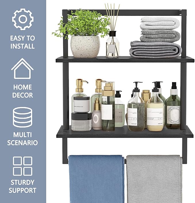 Wall Mounted Towel Rack for Bathroom, Bath Storage Holder 3-Tier Steel Wood Towel Shelf with Bar, Black