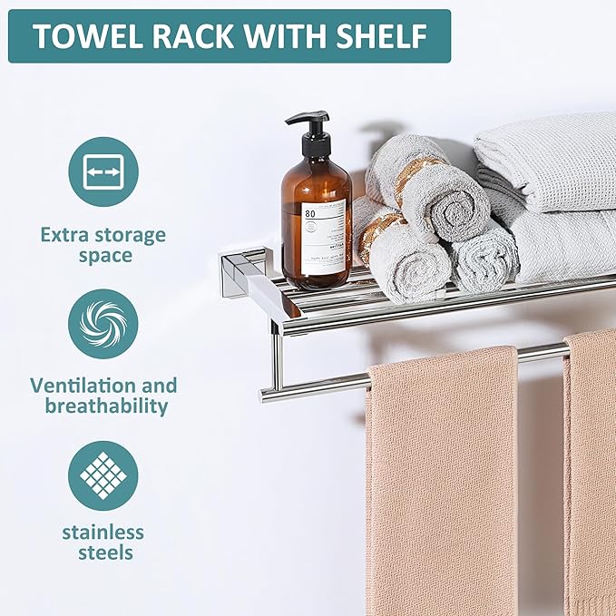 Alise 16 Inch Towel Racks for Bathroom Wall Mounted,Bathroom Towel Rack with Tower Bar,Double Towel Racks for Bathroom,SUS304 Stainless Steel Bathroom Towel Holder Polished Chrome