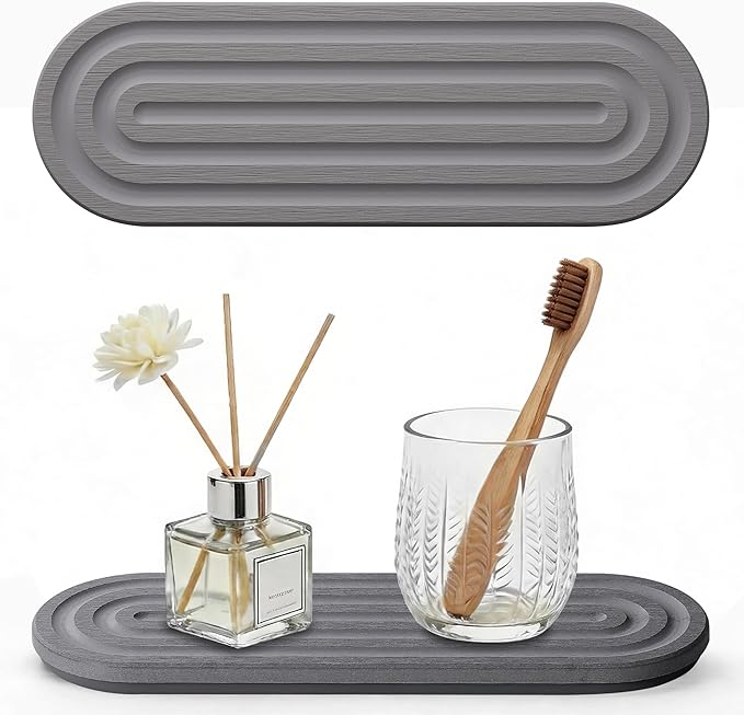 JUKER Premium Diatomaceous Earth Tray Coasters 12" x 4", Quick Dry Absorbent Stone Mat with Non-Slip Silicone Base, Bathroom Sink Caddy, Kitchen Soap Holder, Vanity Organizer, Dark Gray