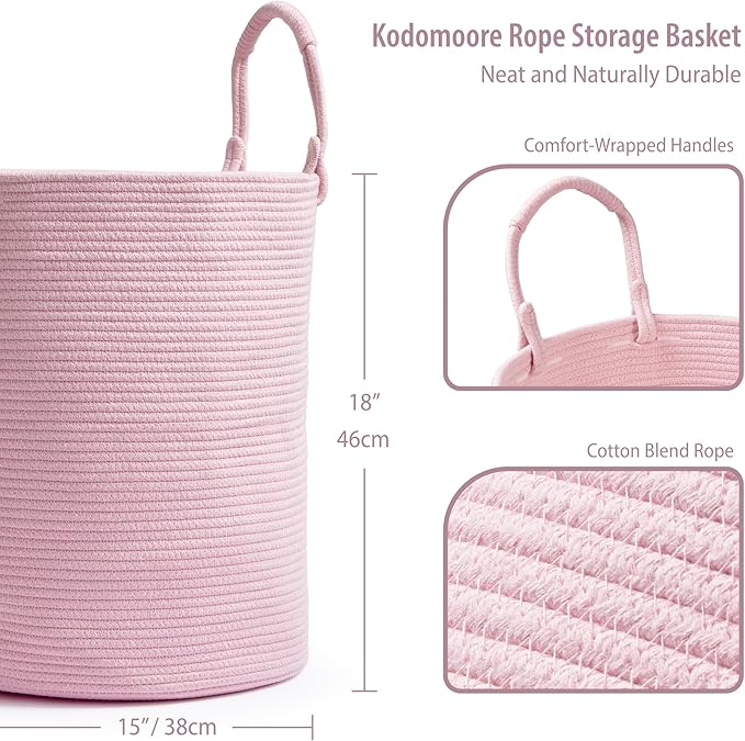 Laundry Basket – Laundry Hamper for Clothes, Blankets, Yoga Mat – Woven Cotton Rope Basket for Living Room, Nursery Room – Boho Style – 15”D x 18”H – Light Pink