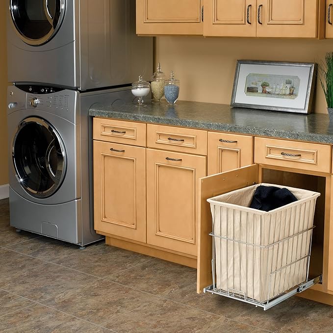 Rev-A-Shelf 20 In Pullout Clothes Laundry Hamper, Steel Mounted, Chrome, HRV-1520 S CR - Hidden Pull Storage Basket Organizer for Deep Cabinet Floor and Bathroom