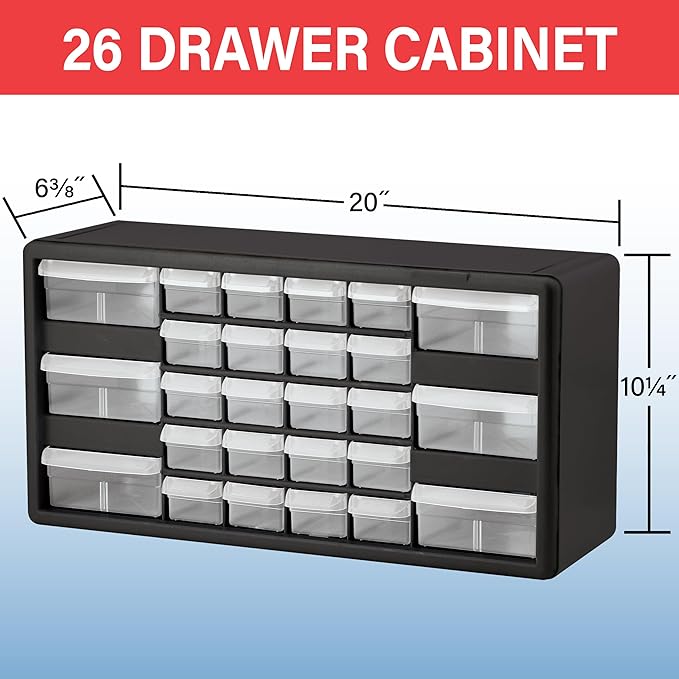 Akro-Mils 26-Drawer Plastic Drawer Storage Cabinet for Garage Organization, Bead Organizer, Building Bricks Storage, Teacher Toolbox, Makeup Organizer, 20" W x 6" D x 10" H, 10126 Black