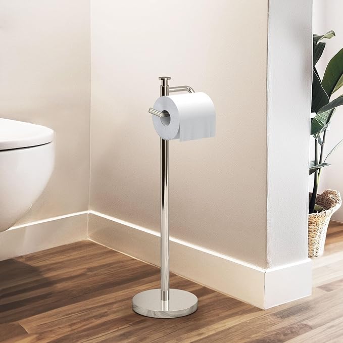 Gatco 1435PN Freestanding Toilet Paper Holder, 23.68” H, Polished Nickel | Toilet Tissue Roll Holder Stand with Weighted and Padded Base for Bathroom