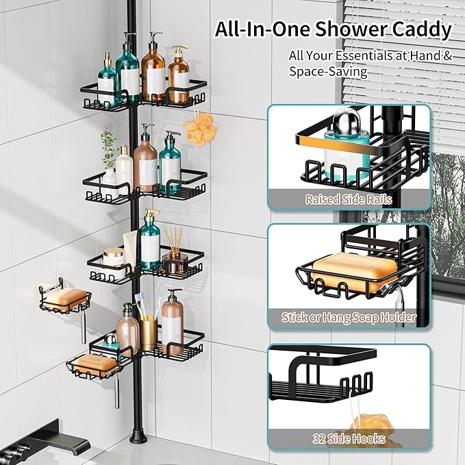 KEGII 2-in-1 Soap Holders x 2 & 32 Hooks Shower Caddy Tension Pole, Stainless Steel Adjustable Corner Shower Organizer for Bathroom, 25–114.2 Inches, Black