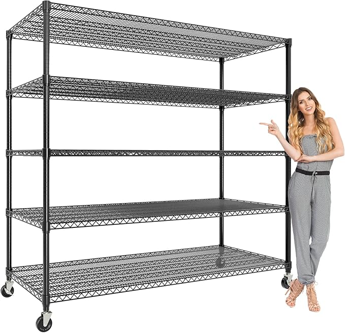 5-Tier Tall Steel Garage Shelving with Wheels, Heavy Duty Storage Rack, 3300 Lbs Capacity, Adjustable Industrial Shelves for Garage, Workshop, or Warehouse, 23.6" D x 59" W x 82.6" H