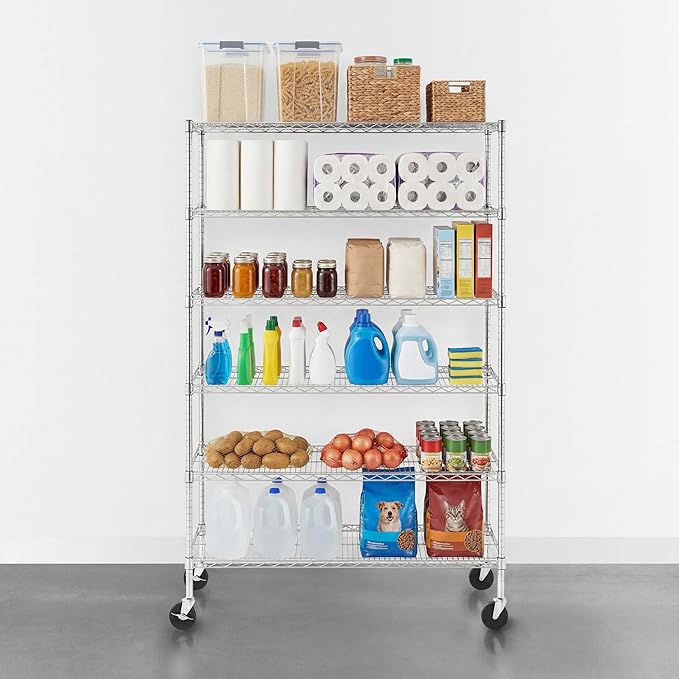 SafeRacks - NSF Certified Storage Shelves, Zinc, Heavy Duty Steel Wire Unit with Wheels and Adjustable Feet, Garage or Bakers Rack, Kitchen, Pantry Shelf - (18"x48"x72" 6-Tier) (Silver)