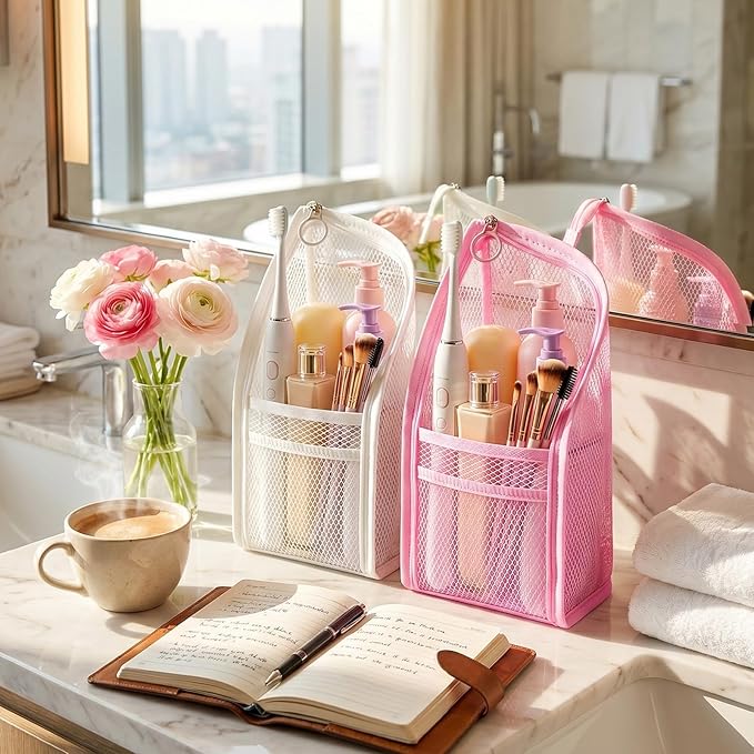 Standing Toiletry Bag, Lightweight Portable Travel Toiletry Bag, EVA Foldable Clear Hanging Makeup Bag, Breathable Cosmetic Organizer for Travel & Bathroom (Pink and white)