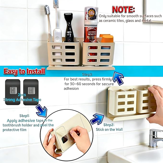 Aluminum Toothbrush Holder Self-Adhesive Wall Mount Bathroom Organizer for Toothbrush, Razor, Comb & Toothpaste. (Cream White