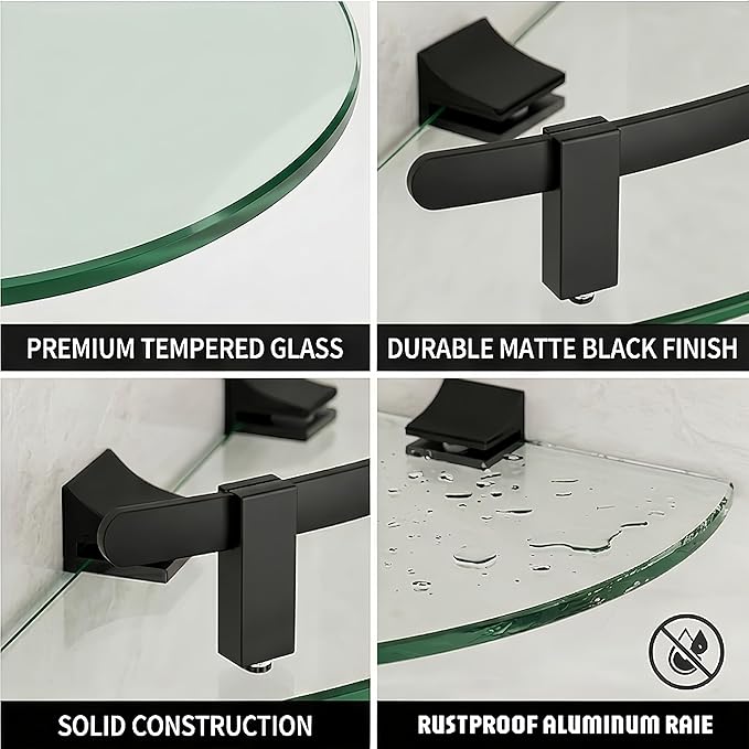 Glass Corner Shelf for Bathroom Corner Shelf, 3 Pack Tempered Glass Shelf with Black Metal Rails，Suitable for Bathroom