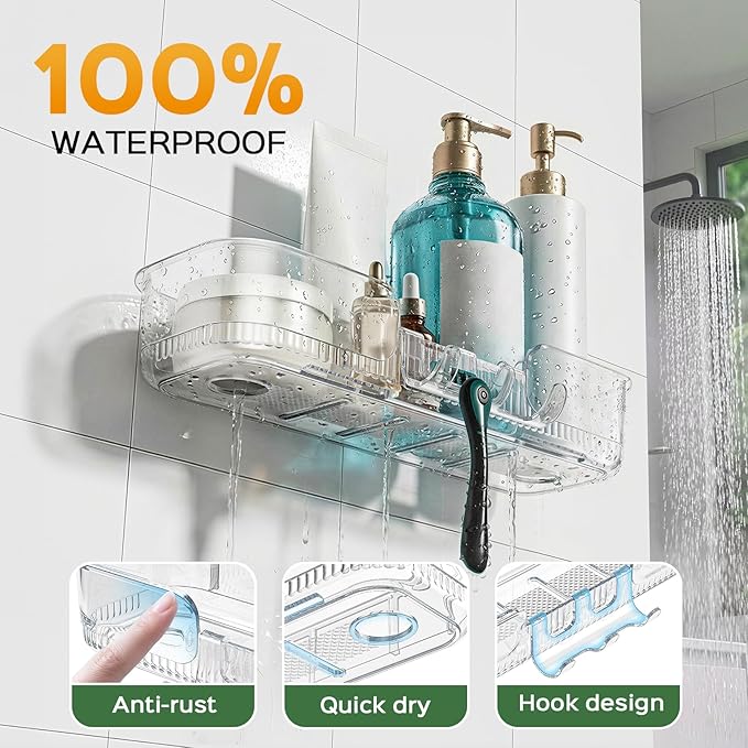 HAMITOR Adhesive Shower Caddy for bathroom：2 Pack Clear Bath Shelves No Drilling for Modern Renters & Home Decor - Rustproof Acrylic Shower Organizer for Bathroom Storage