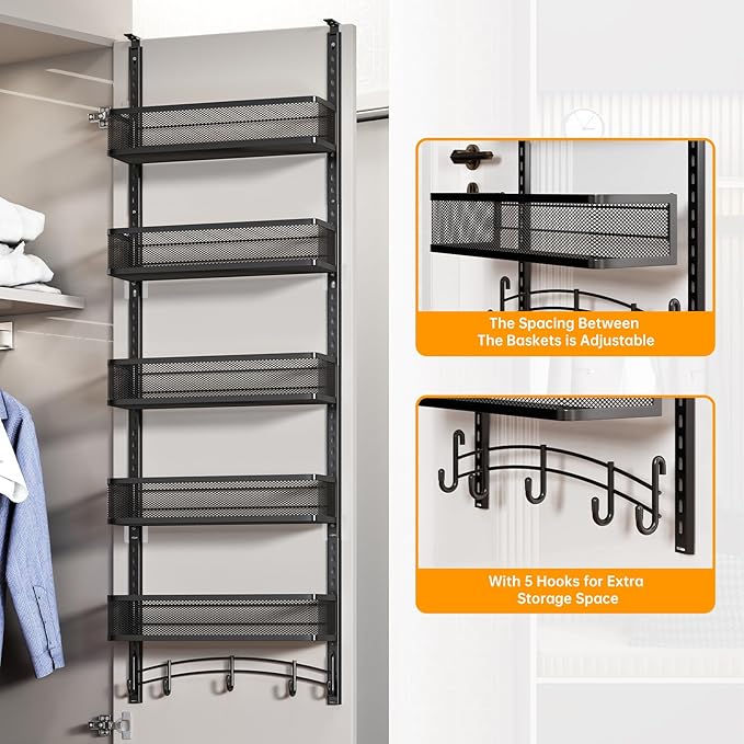 Space-Saving Over The Door Organizer with 5 Adjustable Baskets & 5 Hooks, Metal Wall Mount Storage Rack, Behind The Door Storage for Bathroom, Kitchen, Pantry, Laundry Room (Black)