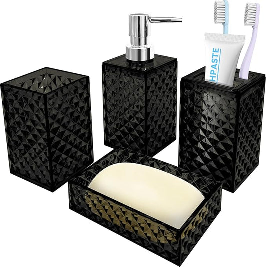 Bathroom Accessory Set, 4 PCS Black Bathroom Accessories Set, Soap Dispenser and Toothbrush Holder Set, Soap Dish and Mouthwash Cup, Boho Bathroom Decor, Plastic Bathroom Sets Accessories