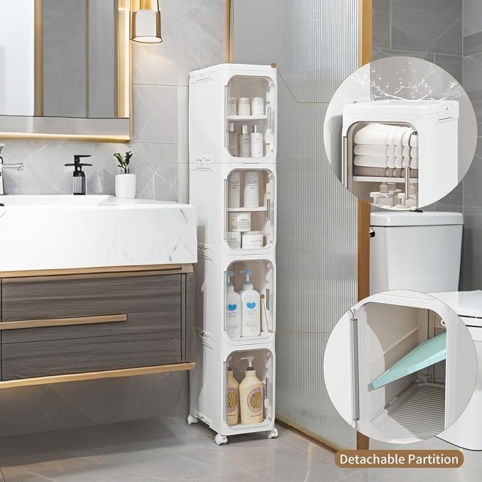 LXLXXL 5-Tier Narrow Storage Cabinet Slim Bathroom Storage Cabinet with Movable Wheels Tall Bathroom Organizer Skinny Cabinet for Small Spaces, White