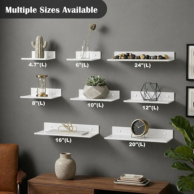Z metnal Small Floating Shelves, Renter Friendly Mini Metal Display Shelf for Collection Action Figures, Aluminum, Adhesive & Wall Mounted, White, 6 inch, 2 Pack