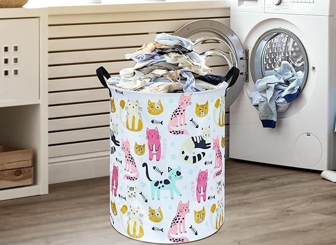 Kids Laundry Hamper Storage Basket Laundry Organizer Hamper Storage Bins Clothes Box Nursery Hamper Gift Basket with Handles (Cat)